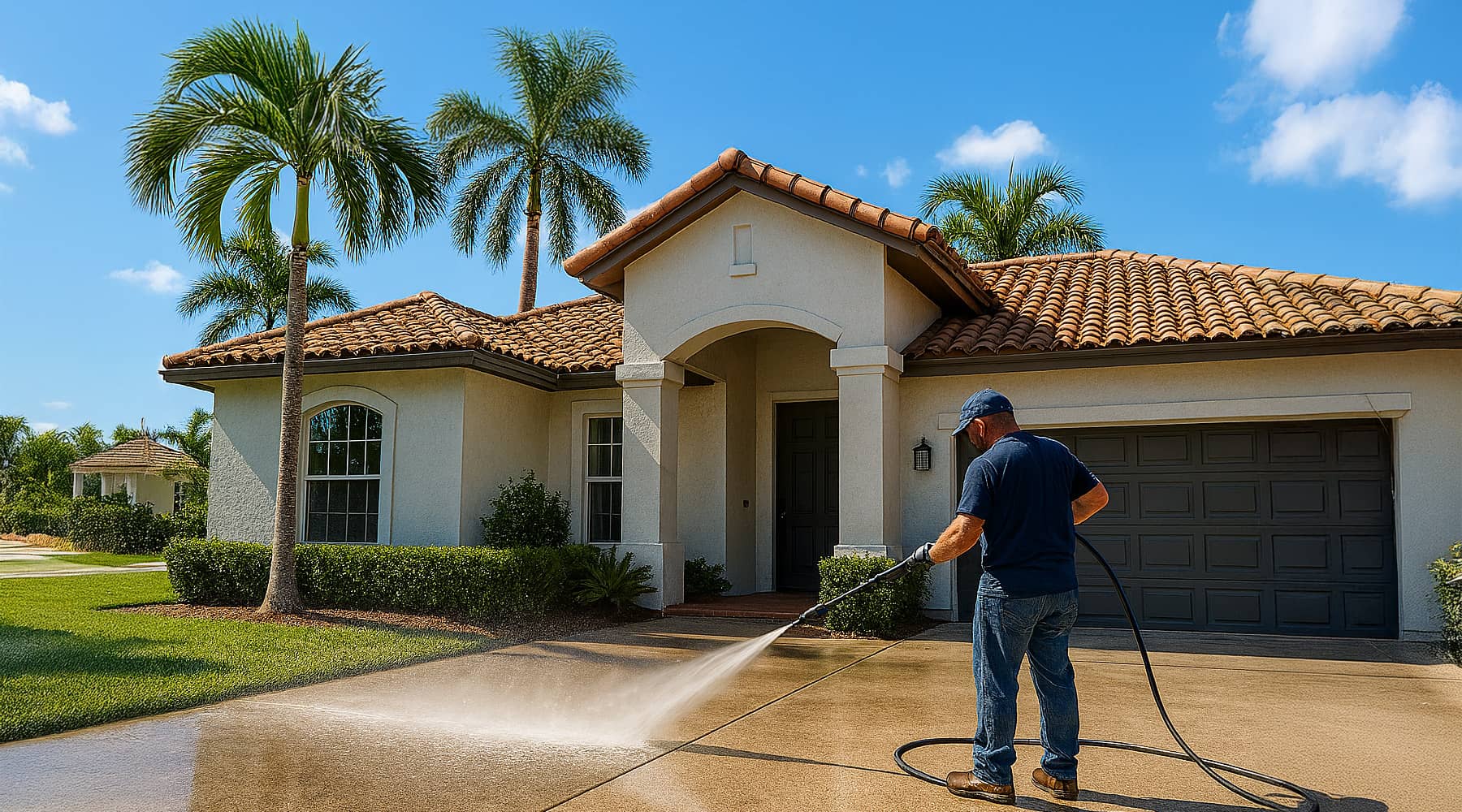 Technician pressure washing a driveway; water blasting grime